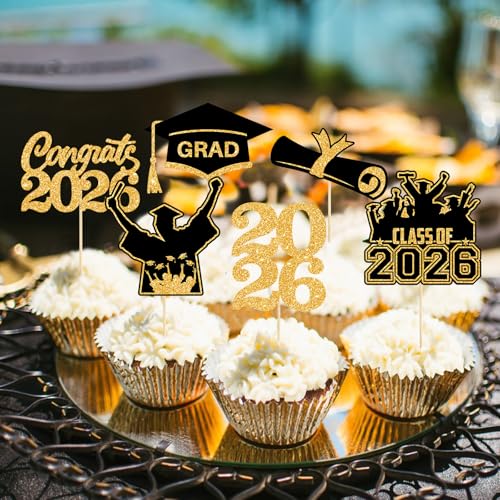 36 Graduation Cupcake Toppers - Black Gold Class of 2026