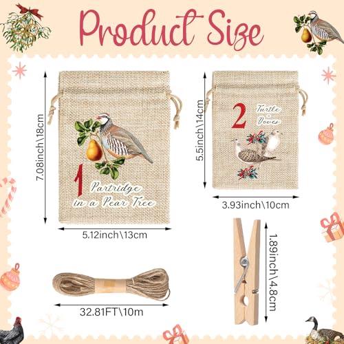 12Pcs 12 Days Christmas Countdown Advent Calendar Bags Classic - Reusable Burlap Holiday Decor