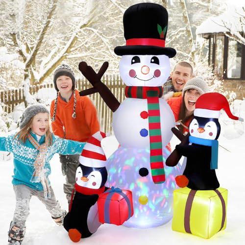 7ft Inflatable Christmas Yard Decor Snowman Penguin with Rotating LED Lights - Smiling Snowman Variant