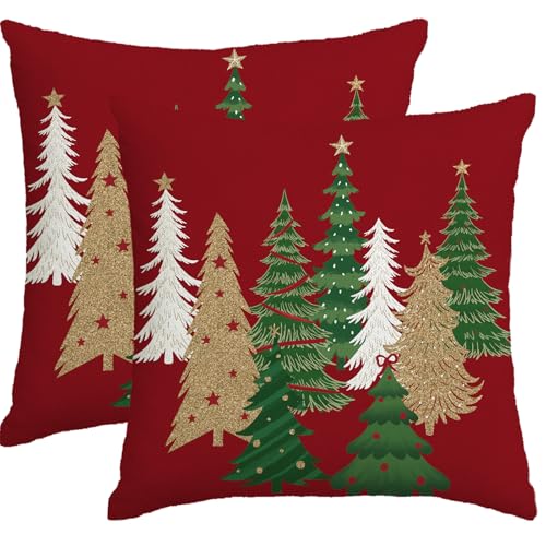 Christmas Pillow Covers 18x18 Inch Set of 2 - Festive Red & Green Holiday Decor