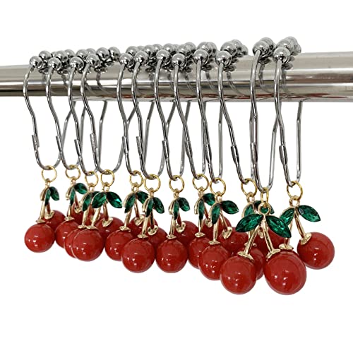 12 Pcs Cherry Shower Curtain Hooks with Resin Pendant Decor