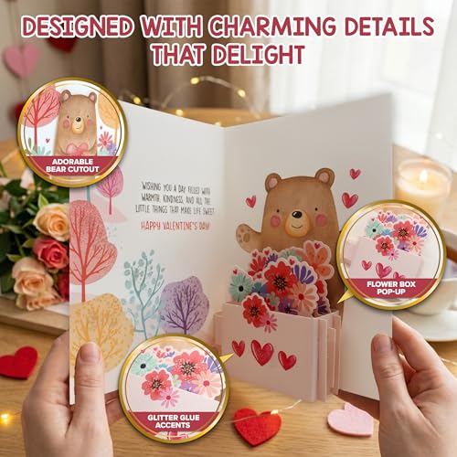 Glittery 5x7in Bear Pop-Up Valentine's Day Card with Envelope & Stickers