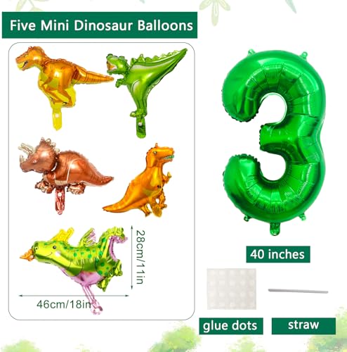 LilyZheng 3rd Birthday Dinosaur Decorations Green Number 3 Balloon with Mini Dino Balloons