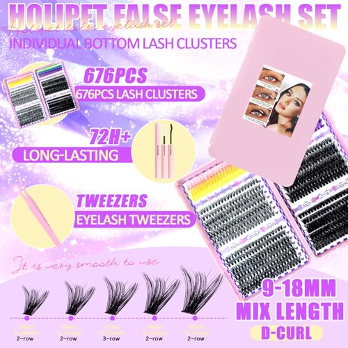Holipet 680 Pcs Lash Clusters Kit with Glue, Tweezer & Brush - 9-18mm Wispy Manga Eyelash Extensions