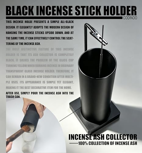 CODINOO Modern Upside Down Incense Holder with Glass Ash Catcher - Black
