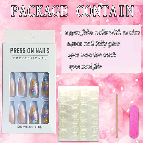 Vezocim Floral Press On Nails Oval Glossy Nude Fake Nails Acrylic Set