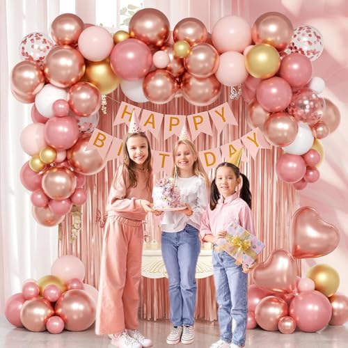 Rose Gold Birthday Decorations Set with Balloons, Banner and Fringe Curtain