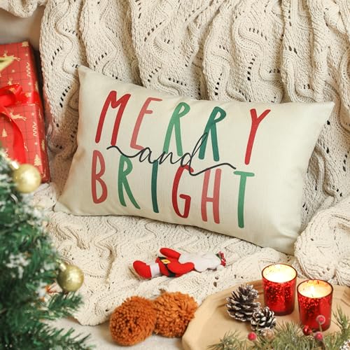 Merry Bright Christmas Pillow Cover 12x20 Holiday Decorative Throw Pillowcase
