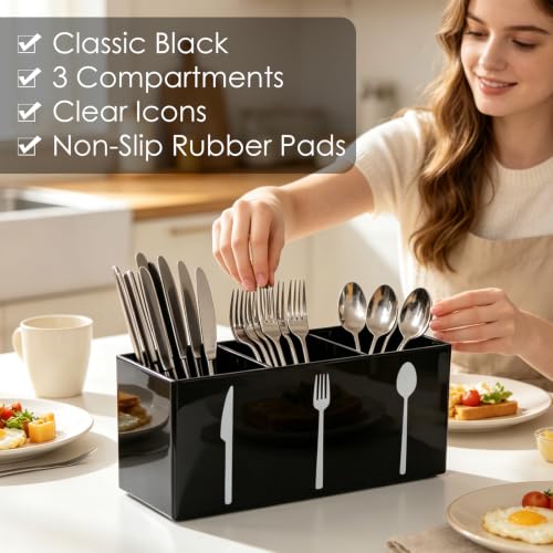 Saiveina 3-Compartment Silverware Organizer - Space-Saving Cutlery Caddy for Kitchen Utensils (Black)