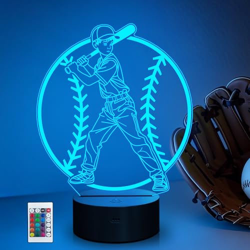 Baseball Boy Night Light - 3D LED Illusion Lamp with 16 Colors & Remote - Boy Player Variation