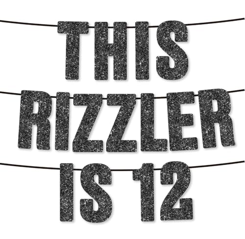 Pre-Strung Black Glitter Birthday Banner for 12th Party