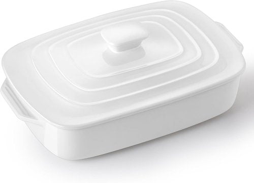 Large Ceramic Casserole Dish - 4.0 Quart Stoneware Baking Dish with Lid | 9x13 Inch Lasagna Pan in White