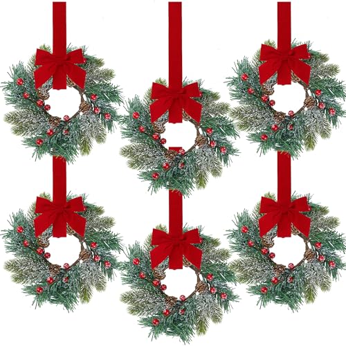 Christmas Mini Wreath for Cabinets - Green Norfolk Frosted Pine with Ribbon Bows & Red Berries, 9 Inch
