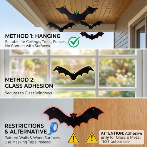 Halloween Hanging Bats 12 Pack - 3D Realistic Plastic Flying Bat Decorations for Indoor & Outdoor Yard Lawn