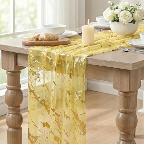 Marble Pattern Yellow Table Runner - 28x120 Inch for Dining & Events