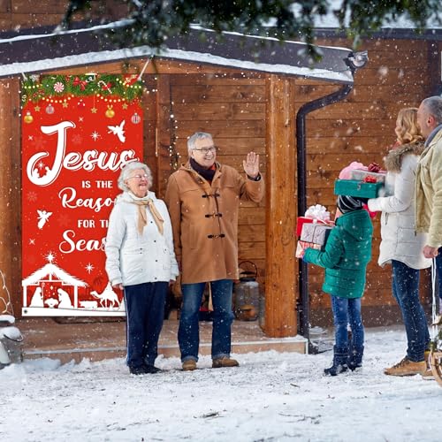 Nativity Door Cover Backdrop - Jesus is the Reason for the Season banner 70.9 x 35.4 in with Rope