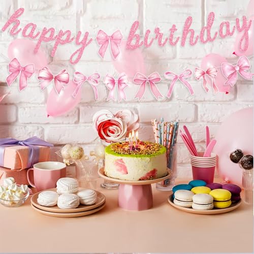 Pink Bow Birthday Banner and Garland Set for Girl Party Decorations