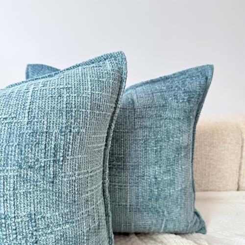 Teal Chenille Throw Pillow Covers Set of 2 - 16x16 Decorative Cushions