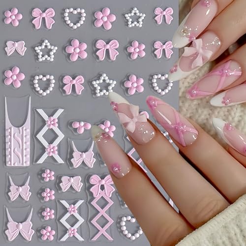 SHUXILIN 3Pcs 5D Embossed Pink Flower Nail Art Stickers Self-Adhesive Bow Decals