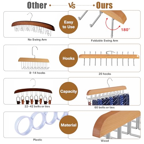 Wooden Tie and Belt Rack - 20 Folding Hook Organizer for Closet