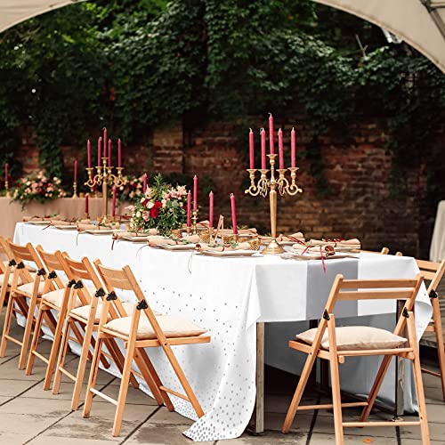 White and Silver Confetti Dot Plastic Tablecloth & Satin Table Runner Set - 24 Pack