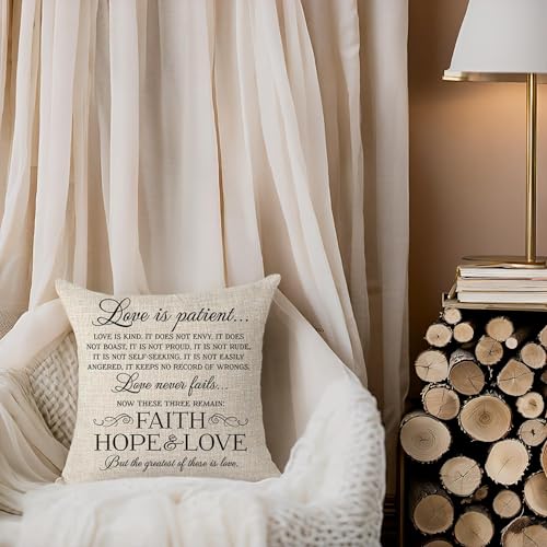 Love Is Patient Kind Motivational Throw Pillow Cover, 18x18 Cotton Linen