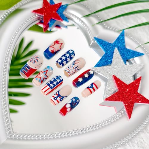 4th of July Press on Nails Medium Square Red White Blue Rhinestone Fake Nails
