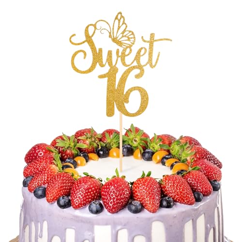 Gold Glitter Sweet 16 Cake Topper - Elegant Party Decoration