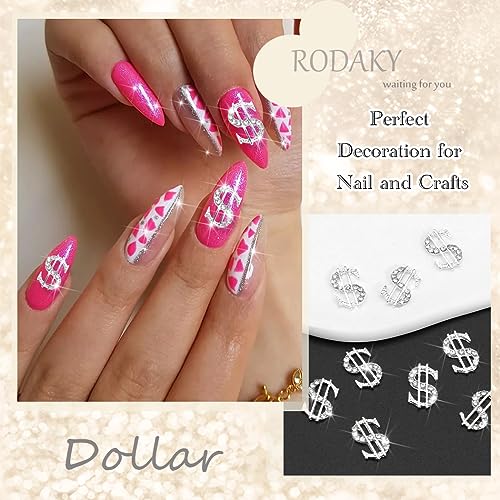 RODAKY 10PCS Silver Dollar Sign Nail Charms 3D Rhinestone Gems