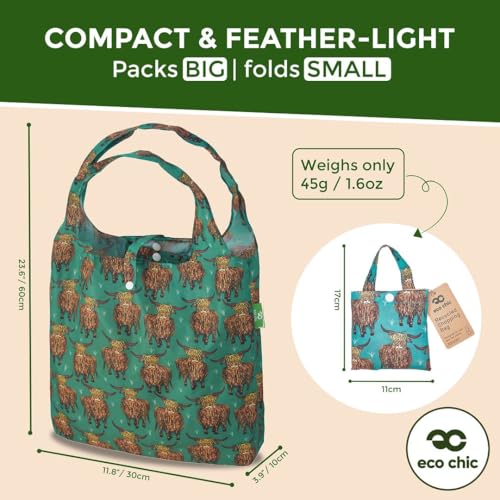 ECO CHIC Foldable Reusable Grocery Bag Highland Cow Teal Lightweight Waterproof Tote
