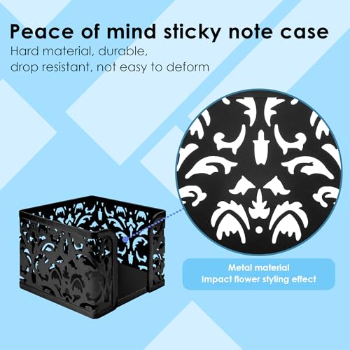 TOCCOOL Metal Note Cube Holder with Floral Carving - Desktop Organizer for 3x3 Inch Memo Pads, Black