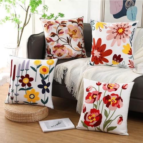 Floral Embroidered Throw Pillow Cover 18x18 Spring Decorative Cushion Case