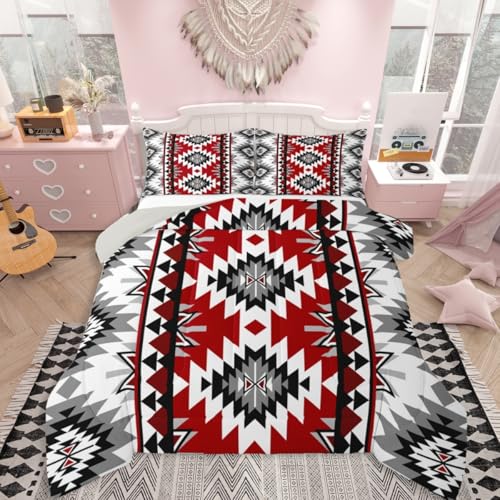 Jejeloiu Boho Kids Full Bedding Set Aztec Design Dark Gray Red 3-Piece