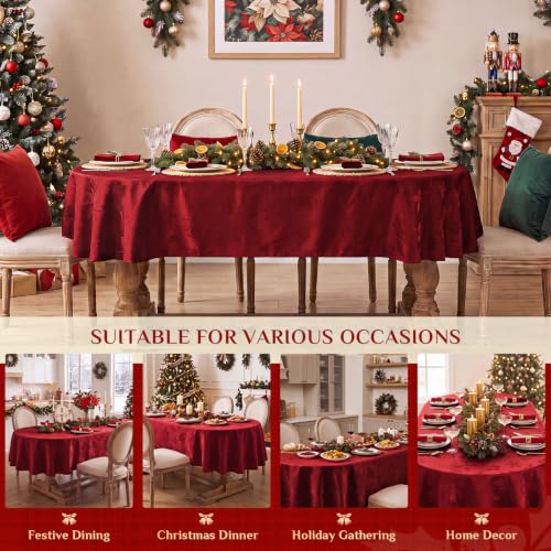 Christmas Jacquard Oval Tablecloth Red Flower Pattern 60x84 Inches - Festive Holiday Decor