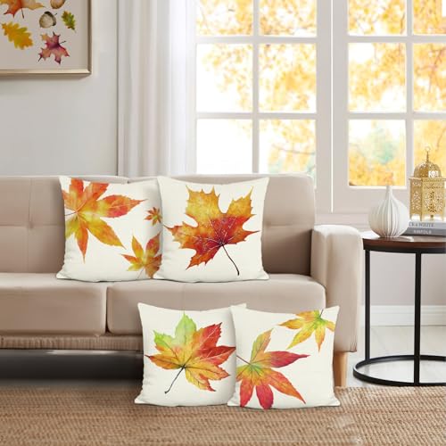 Vintage Fall Leaves Throw Pillow Covers - Set of 4, 18x18"