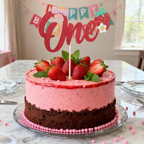 Strawberry Cake Topper for 1st Birthday - Glitter Decoration