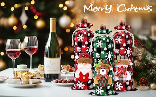 Christmas Wine Gift Bags - Buffalo Plaid Red & Green with 3D Dolls, 8 Pack