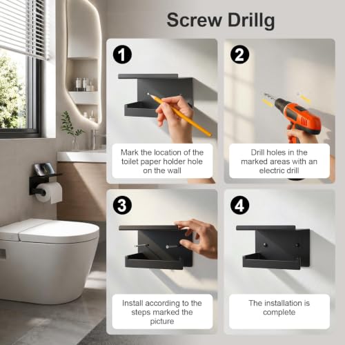Idymere Matte Black Wall Mount Toilet Paper Holder with Shelf, Adjustable & Mega Roll Compatible