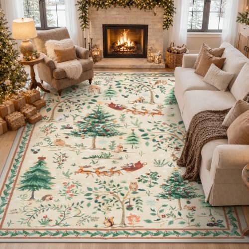 LIVEBOX 8x10 Christmas Area Rug - Neutral Beige Holiday Carpet with Reindeer and Forest Scene