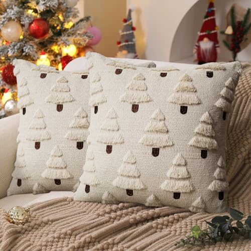 PARBEE Christmas Throw Pillow Covers 2-Pack, 18x18 Inch Fluffy Sherpa with Tree Embroidery