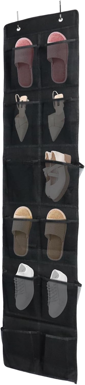 Over The Door Shoe Organizer - 12 Mesh Pockets With 4 Metal Hooks | Stylish Black Design