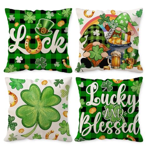St. Patrick's Day Linen Pillow Covers 18x18, Shamrock Clover Set of 4