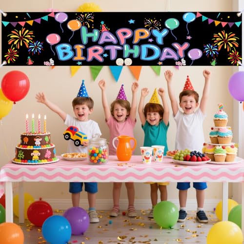 Nuxovilar Happy Birthday Banner Fireworks 18x79 Inches Polyester