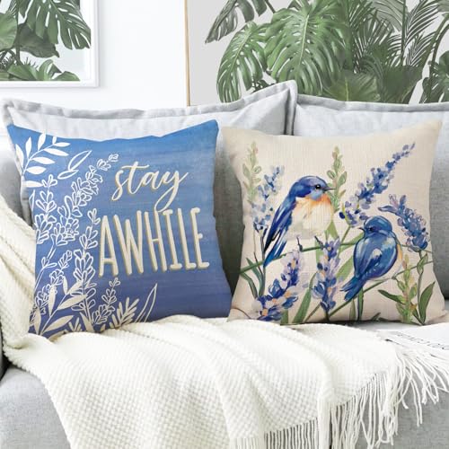 Hello Spring Bluebird Decorative Throw Pillow Covers - Set of 4