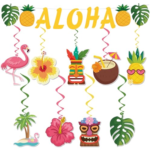 Hawaiian Luau Party Decorations Kit - 9PCS Hanging Swirls & ALOHA Banner