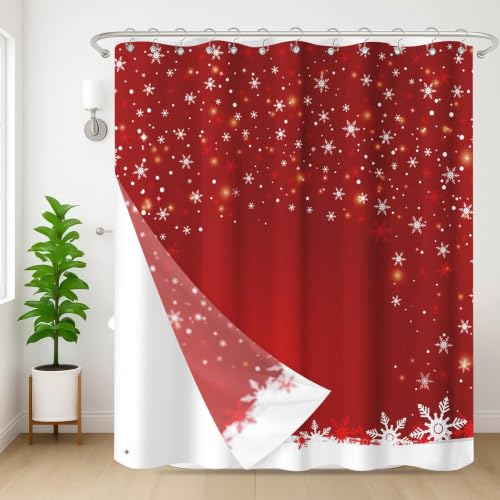 Red Christmas Snowflake Shower Curtain & Liner Set 72x72 Inch - Holiday Decor with Hooks