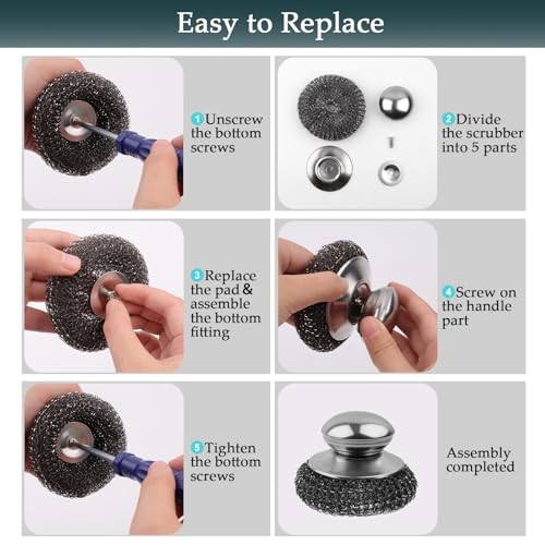 Stainless Steel Wool Scrubber Set with Handle - Heavy Duty Cleaning Pads & Brushes for Kitchen