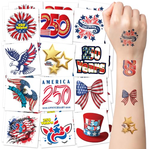 ArtCreativity 250th Anniversary Patriotic Temporary Tattoos for Kids, 144 Pack