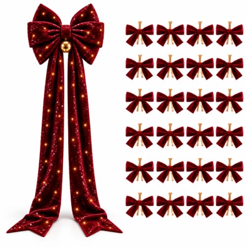 Large Burgundy Velvet Christmas Tree Topper with LED Lights - 1.97ft