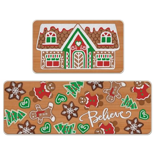 Christmas Gingerbread House Kitchen Rugs Set of 2 - Khaki 17x29 + 17x47 Inches